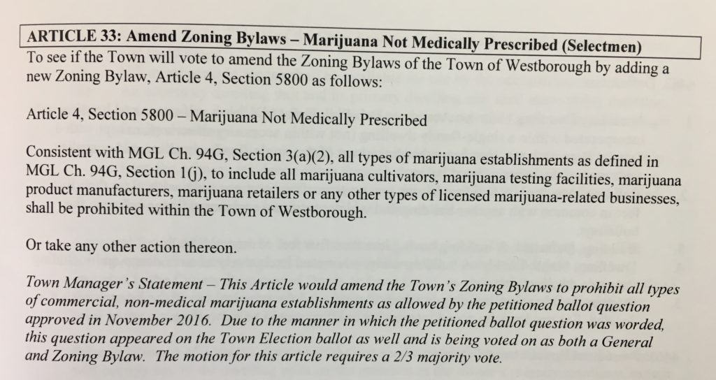 Marijuana Opt Out Zoning Bylaw Westborough
